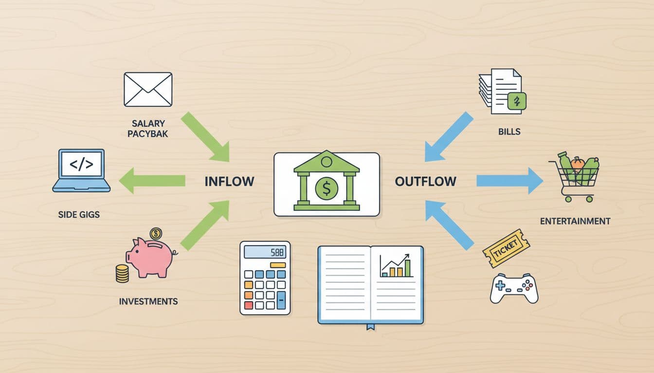 Money flows in from salary and side gigs on left, out to bills, groceries, and entertainment on right, on clean desk with calculator and notebook.