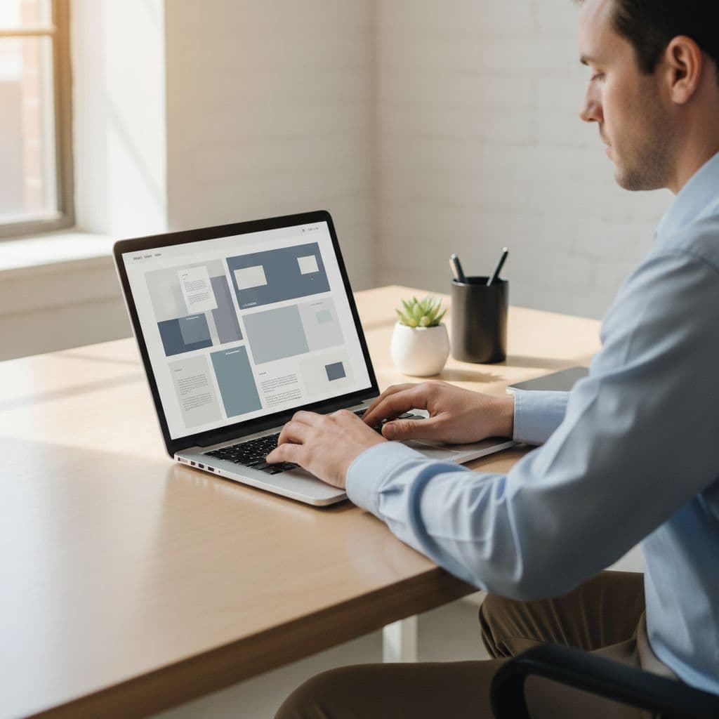 A person works on a laptop displaying a clean digital design layout at a bright wooden desk.