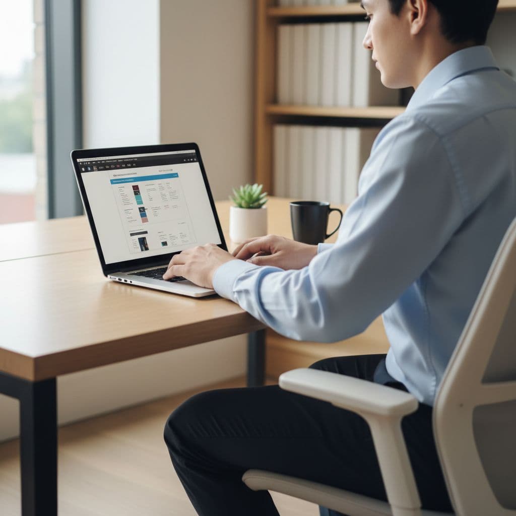 A professional sits at a wooden desk carefully reviewing a blank document on a laptop screen.