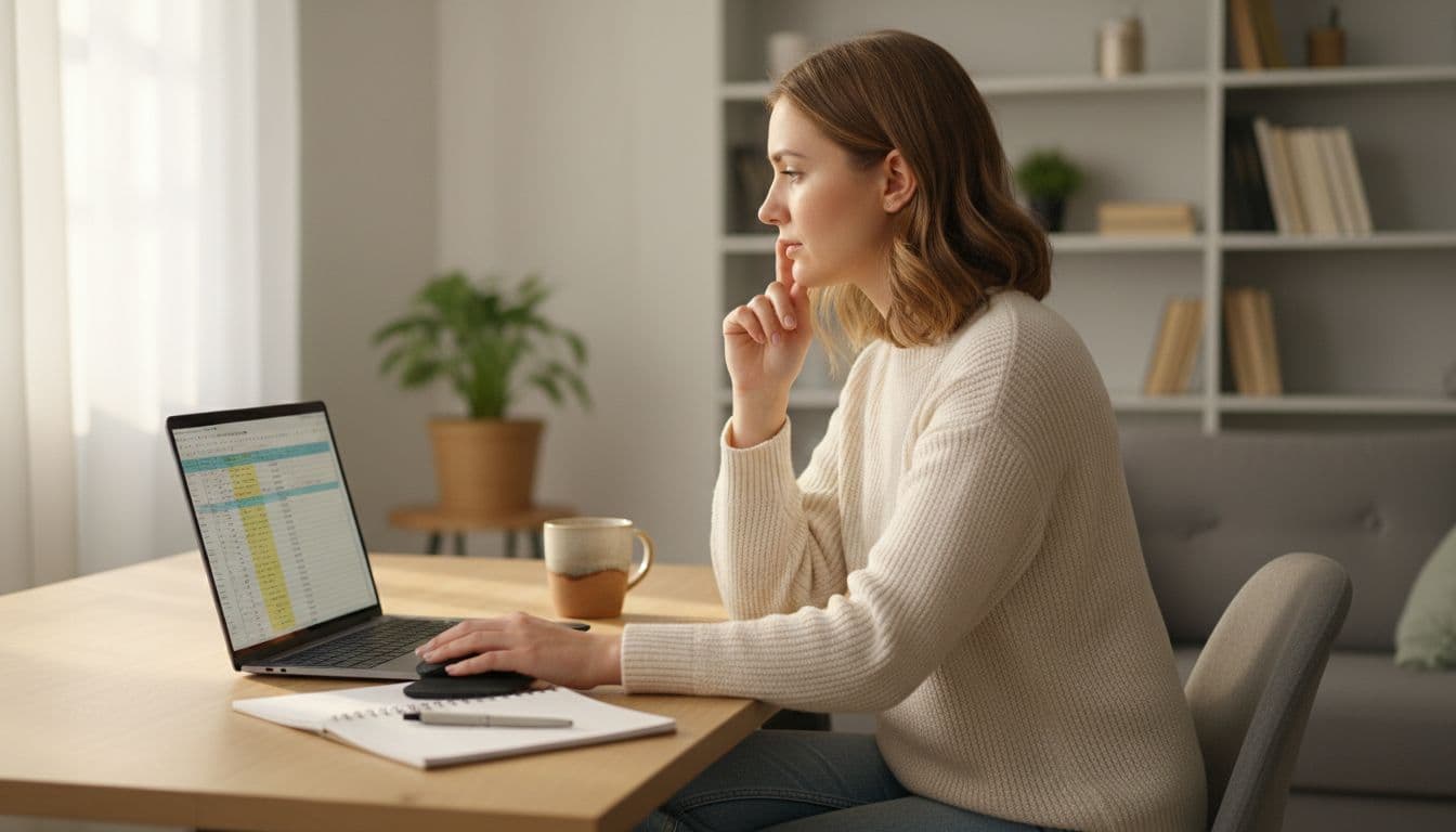 Person at home office desk with laptop open to blurred spreadsheet, hand on mouse, looking thoughtfully, coffee mug and notepad nearby.