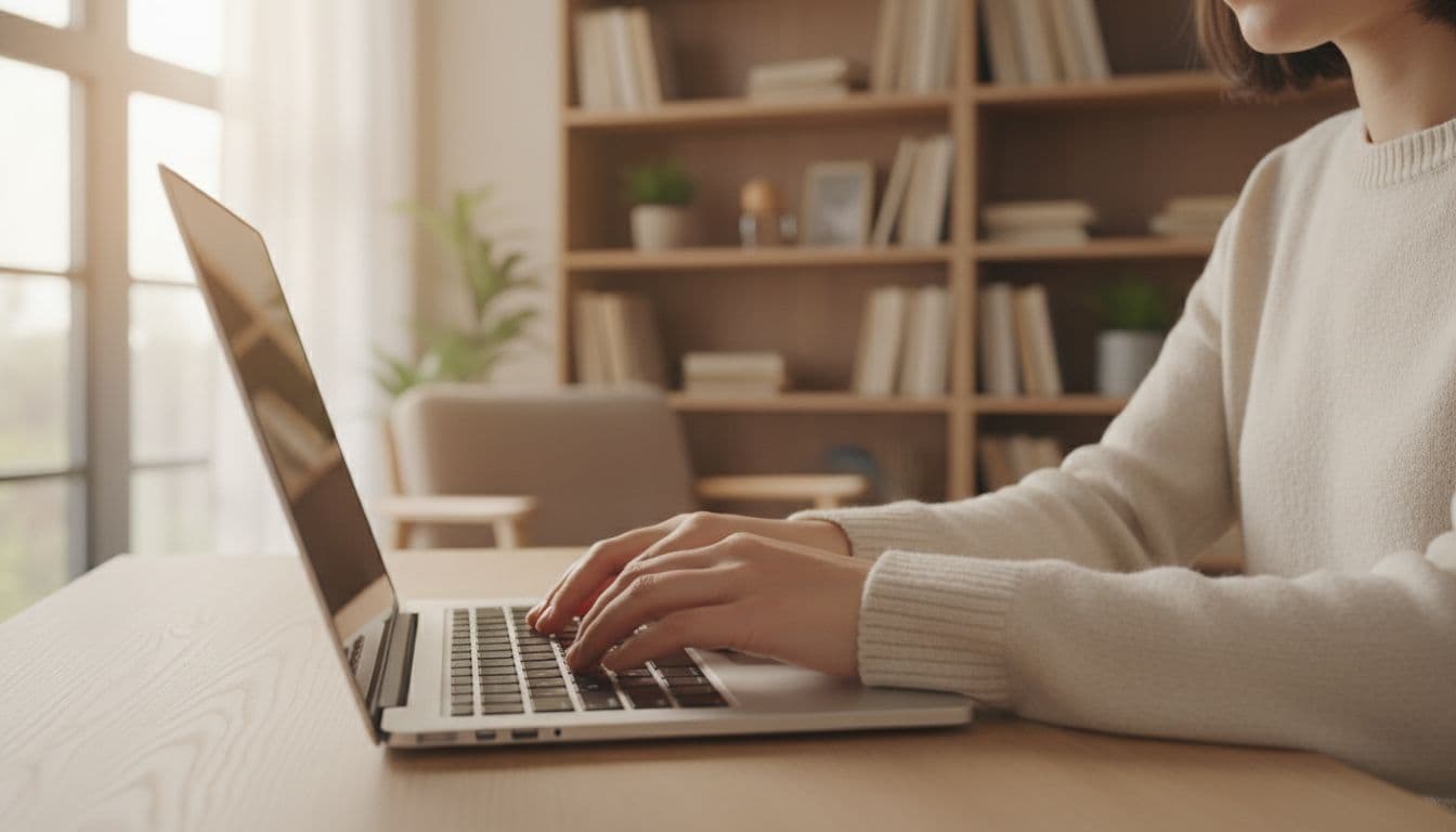 A person types on a laptop keyboard in a bright home office with a bookshelf in the background.