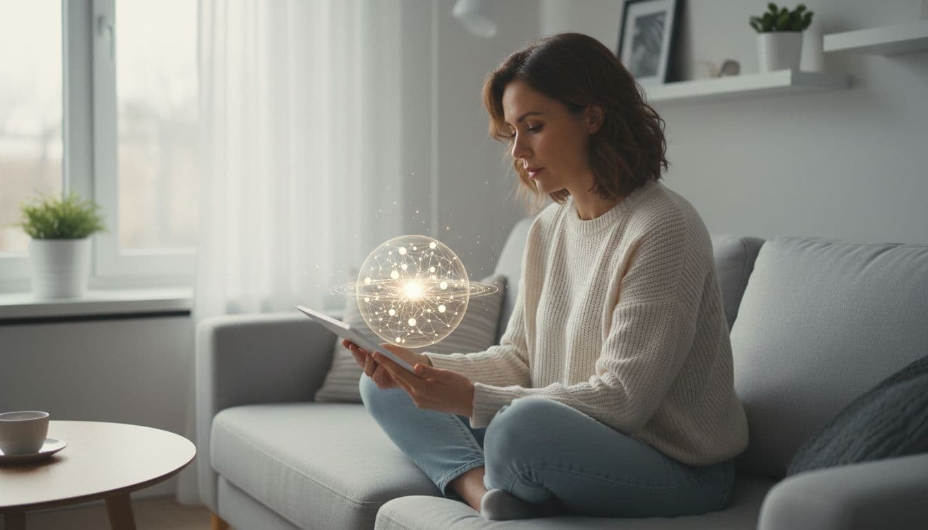 A person sits in a sunlit room reviewing digital content on a handheld tablet device.