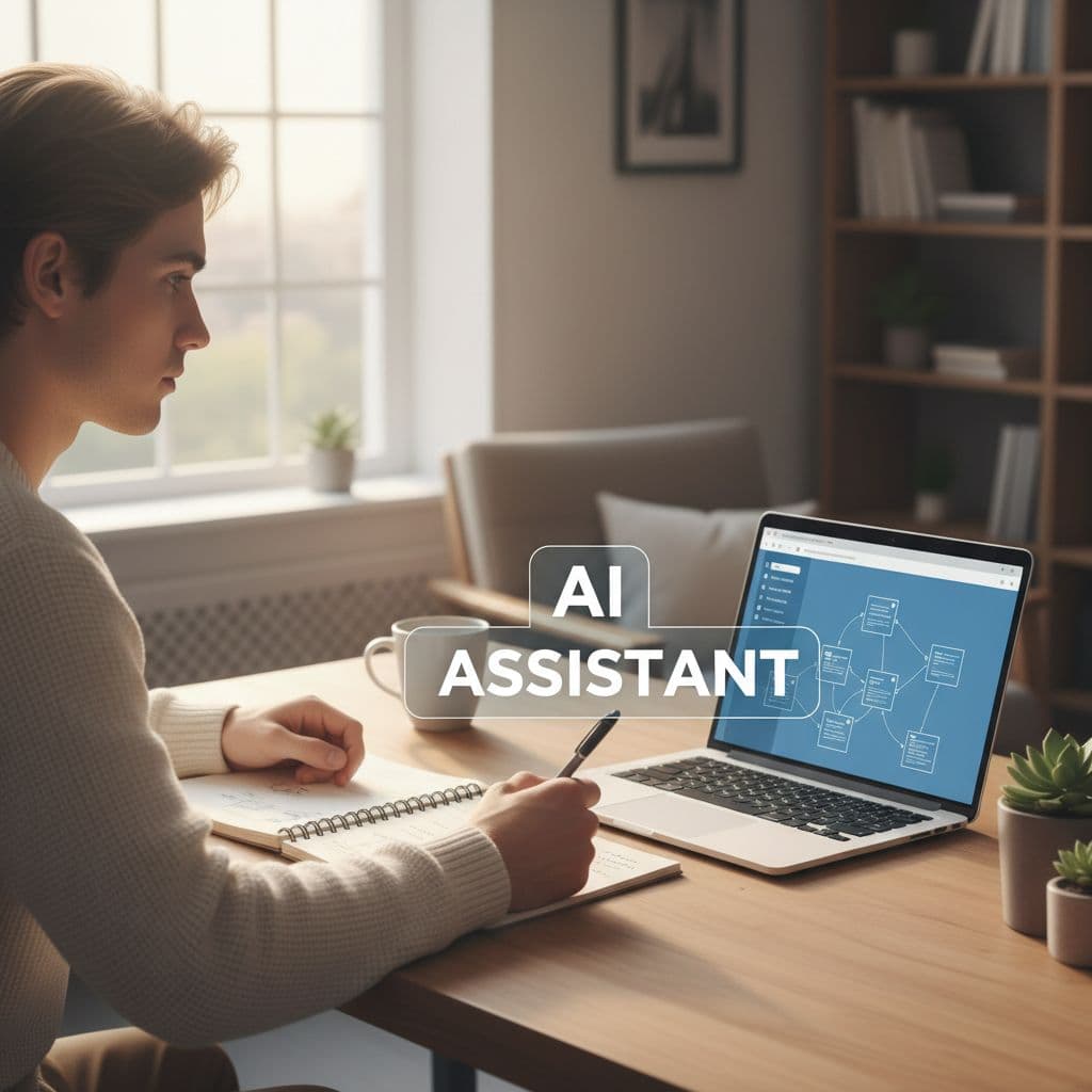 A focused person sits at a clean desk with a laptop and notebook in soft morning light.
