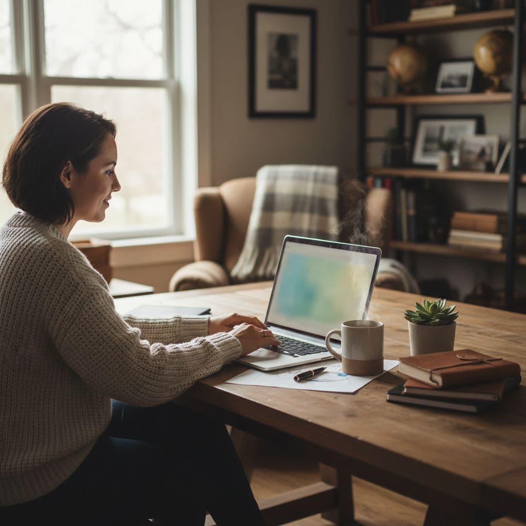 A focused person sits at a tidy desk using a laptop in a sunlit home office.