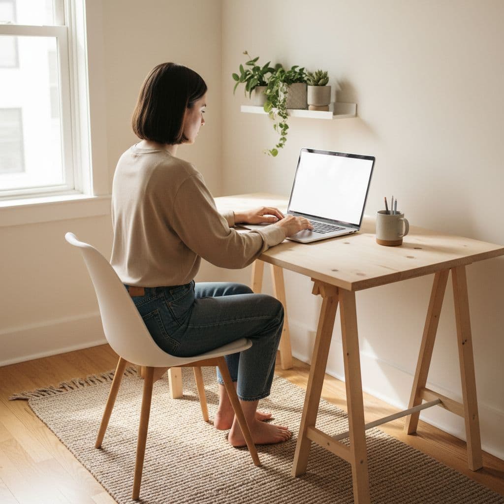 A person works on a laptop at a clean wooden desk bathed in natural light.