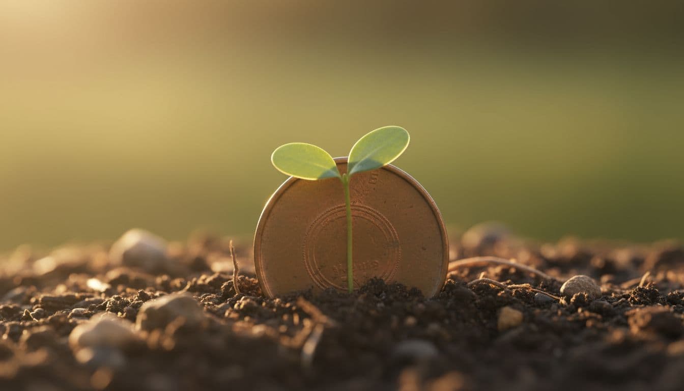 Close-up of small plant growing from coin in dirt under soft morning sunlight.