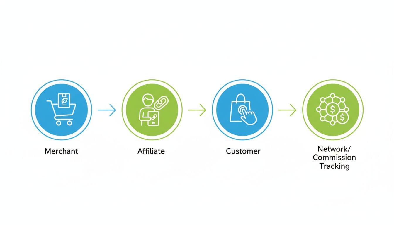 Simple infographic diagram illustrating affiliate marketing flow with merchant, affiliate, customer, and network icons connected by arrows on a clean white background in modern flat vector style.