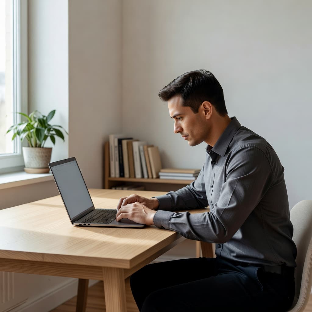 A focused professional sits at a clean desk in a sunlit home office, analyzing multiple affiliate program options displayed on a laptop screen to plan their digital strategy and goals.