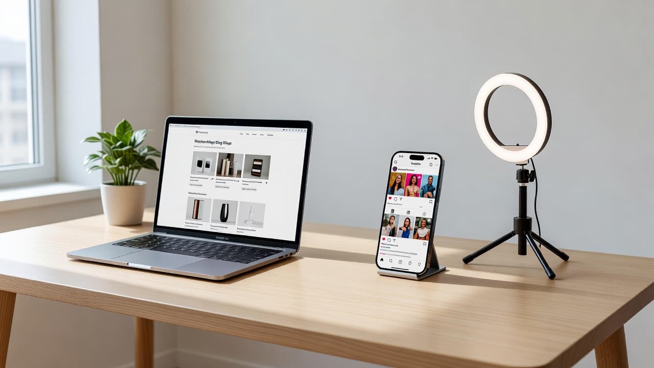 A clean desk features a laptop on the left side, while a ring light and smartphone stand on the right. Bright sunlight illuminates the organized workspace, highlighting two distinct digital tools.