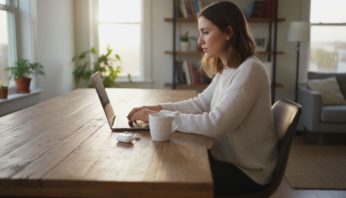 A focused blogger types a product review for wireless earbuds on a laptop at a wooden desk in a bright home office, with a coffee mug nearby and natural window light illuminating the scene.