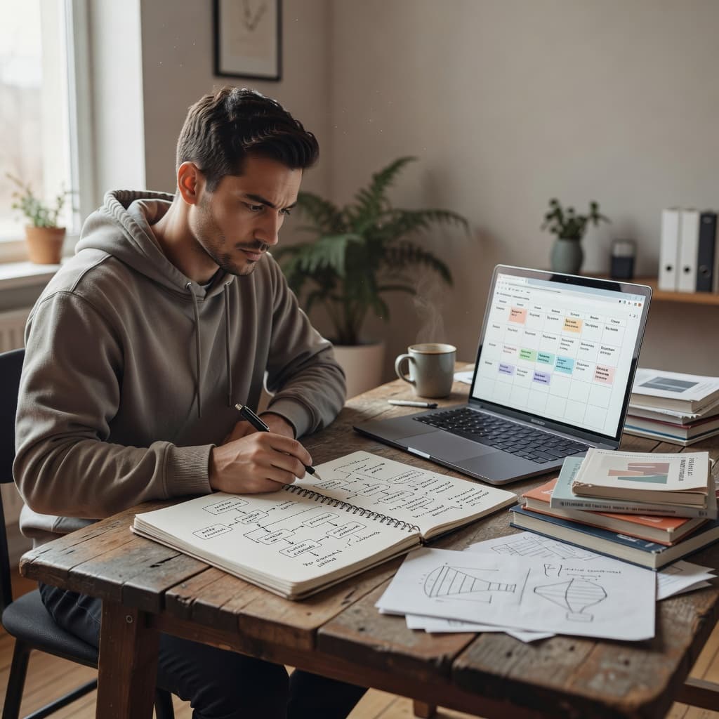 A person sits at a clean wooden desk meticulously writing notes in a leather-bound journal. A silver laptop stays open beside a metallic pen while soft daylight illuminates the workspace.