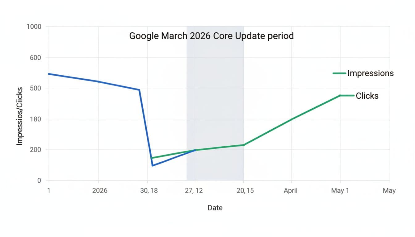 Professional line graph on white background showing search impressions (blue line) dropping then stabilizing and clicks (green line) rising during and after Google March 2026 Core Update period.