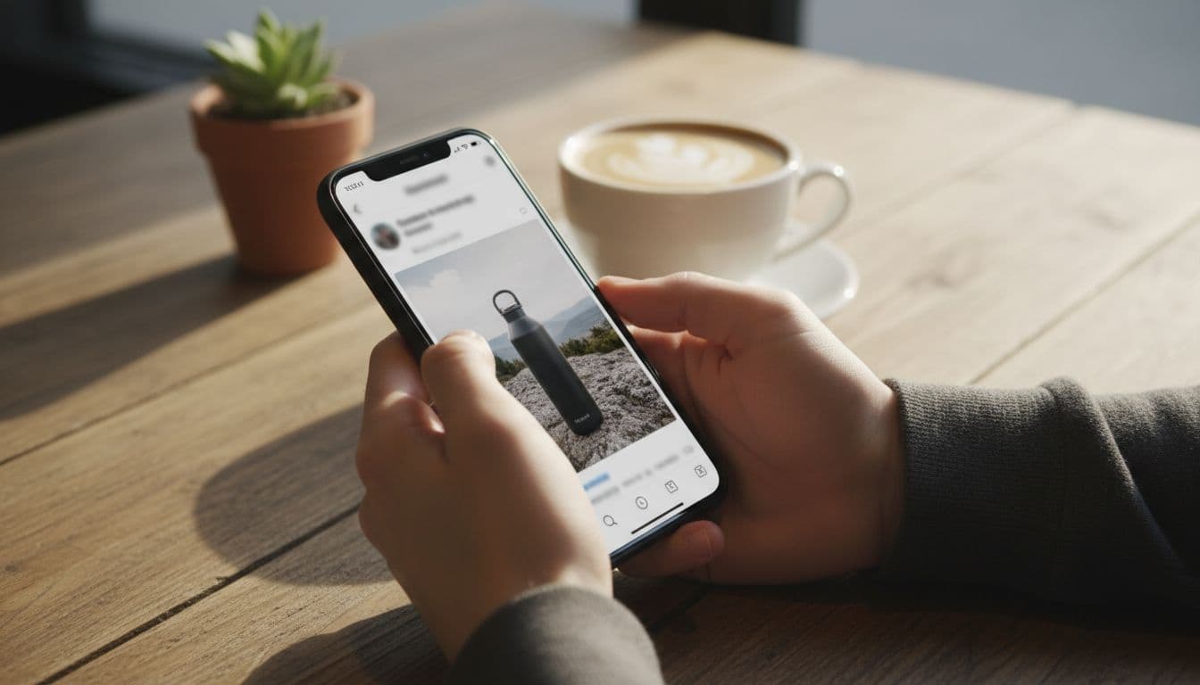 Close-up of hands holding a smartphone on a cafe table, screen showing a social media post with product recommendation image but no readable text, wooden table with coffee cup in background, natural daylight.