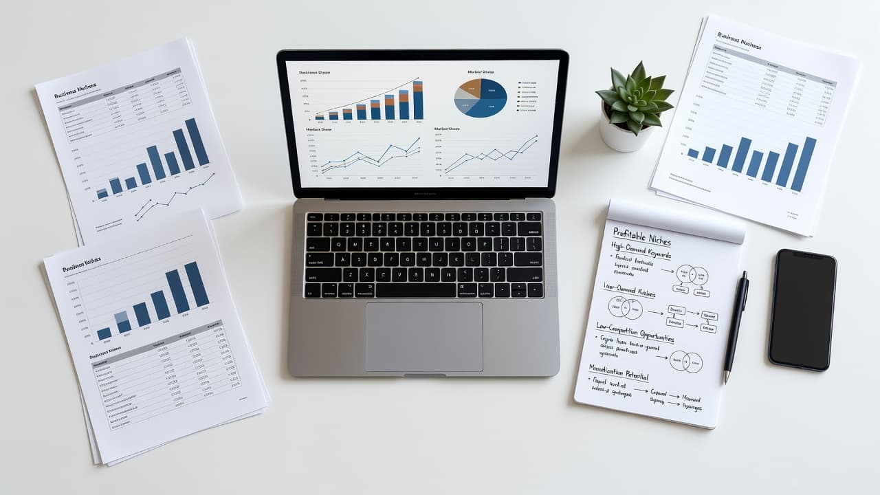 A top-down view of a minimalist desk displaying a laptop screen filled with colorful data analytics charts next to an open paper notepad with a pen for strategic business planning.