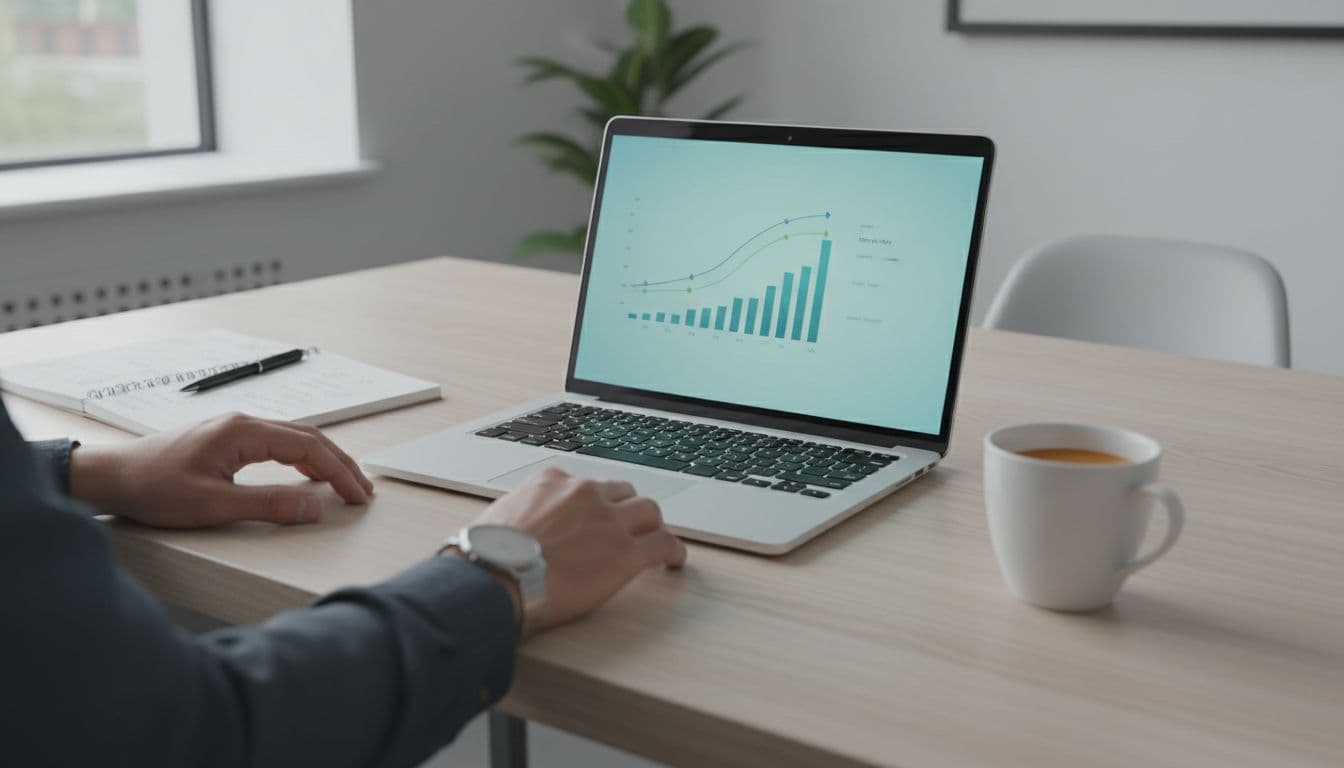 A focused professional at a modern desk reviews SEO performance data on a laptop screen, surrounded by a notebook, coffee mug, and natural window light.