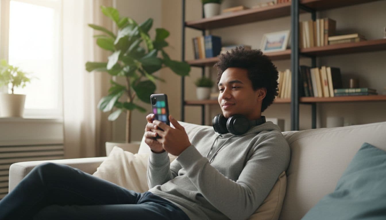 Diverse music fan in casual clothes relaxes on living room couch holding smartphone with blurred streaming icons, wireless headphones around neck.