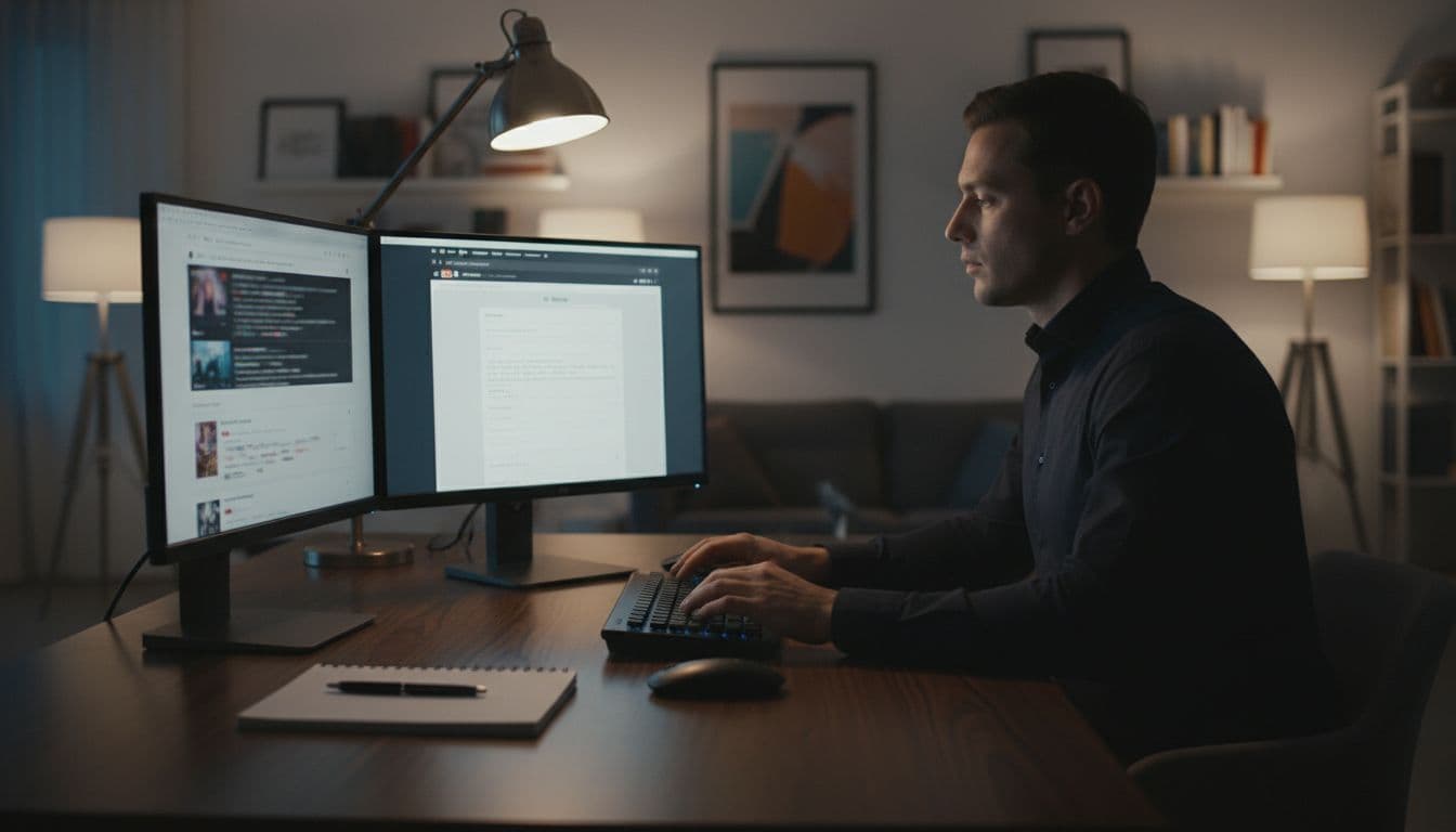 Music industry professional at home office desk with dual monitors showing blurred web search and takedown form.