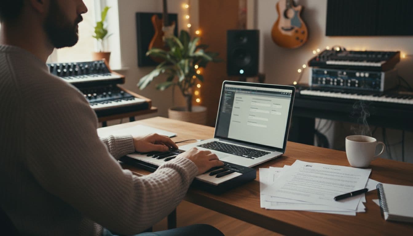 Musician at cozy home studio desk with laptop open to blurred metadata editor, nearby split sheets, copyright forms, notebook, and pen in warm window light.
