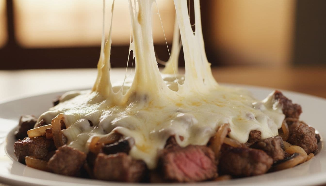 Texas Roadhouse Roadkill - Close-up of chopped beef steak covered in stringy melted Monterey Jack cheese, caramelized onions, and mushrooms on a white plate.