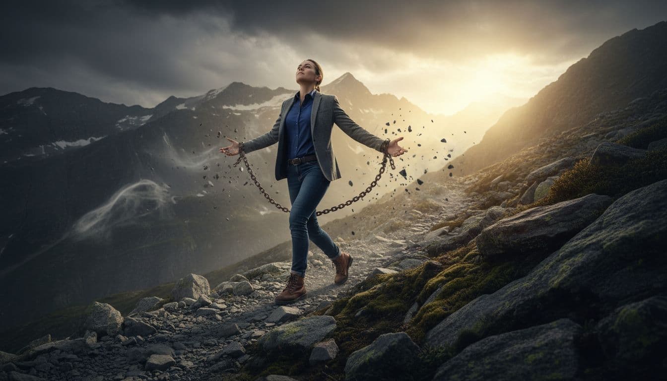 An empowered person in casual professional attire strides on a rugged mountain path, breaking shadowy chains from wrists and ankles, with golden sunlight breaking through clouds ahead, symbolizing transformation of challenges into career progress.