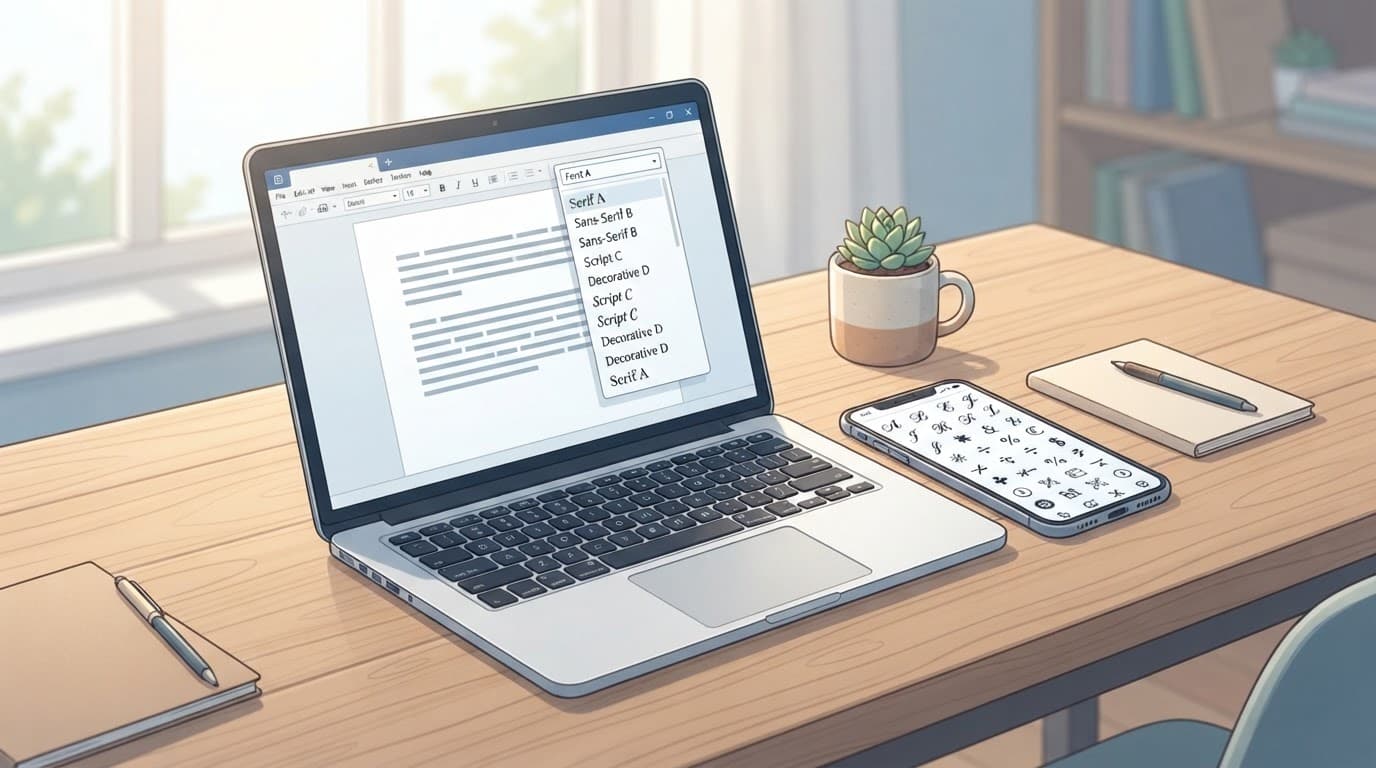 Laptop with a font menu beside a smartphone showing abstract symbols.