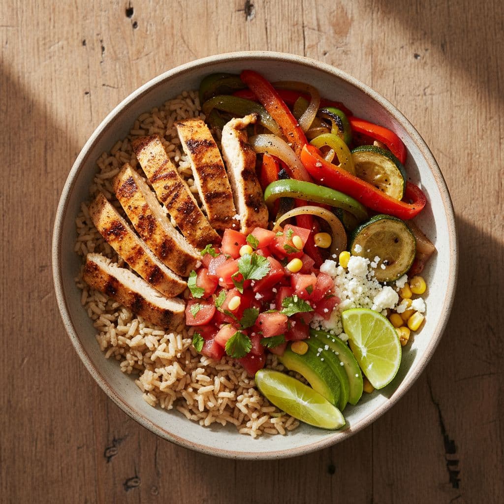 A top-down view captures a colorful burrito bowl featuring strips of seasoned grilled chicken, sautéed fajita vegetables, and fresh tomato salsa arranged inside a minimalist white ceramic bowl on dark wood.