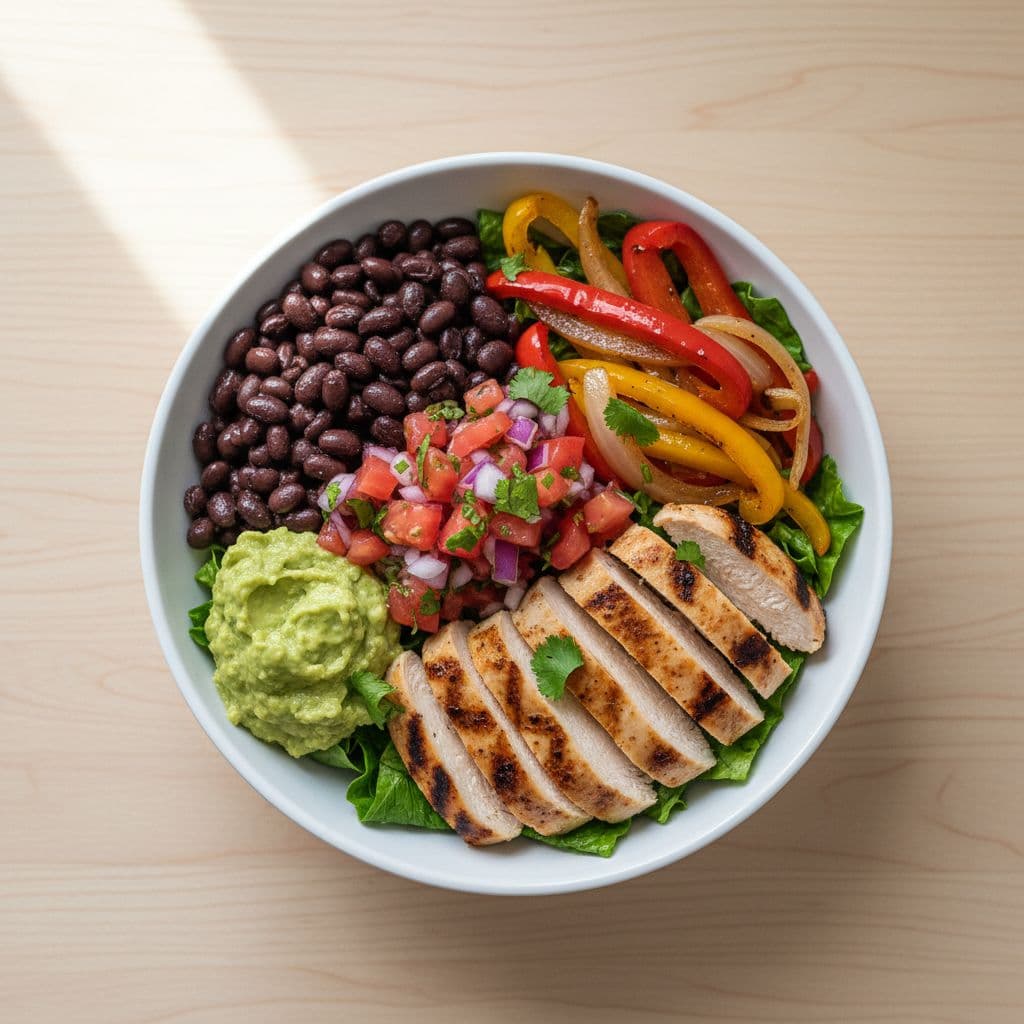 A white ceramic bowl sits on a wooden table, filled with grilled chicken, black beans, bell peppers, and fresh pico de gallo. Crisp lettuce garnishes the colorful, nutritious meal from above.