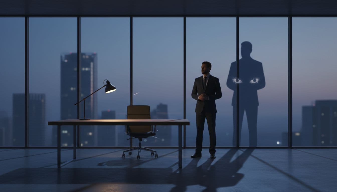 A solitary professional in a sleek modern office at dusk casts a long enigmatic shadow suggesting watchful eyes, with warm desk lamp light contrasting cool blue shadows, symbolizing projection and intense visibility in career.