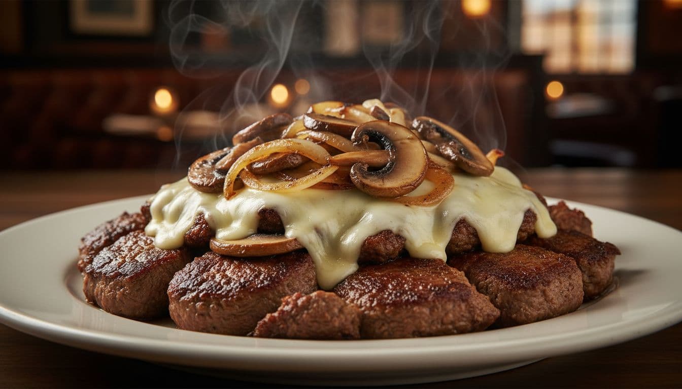 Texas Roadhouse Roadkill - Chopped steak topped with sautéed onions, mushrooms, and melted Monterey Jack cheese on a white plate, steam rising.