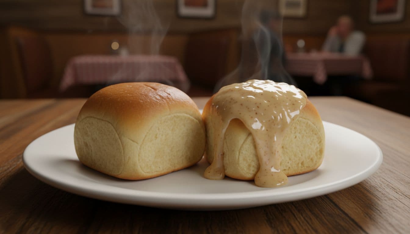 Texas Roadhouse Rolls Calories Guide: How Many Calories in 1 Roll 2 Texas Roadhouse Rolls Calories - Two golden brown dinner rolls side by side on a white plate: left plain, right topped with glistening cinnamon honey butter.