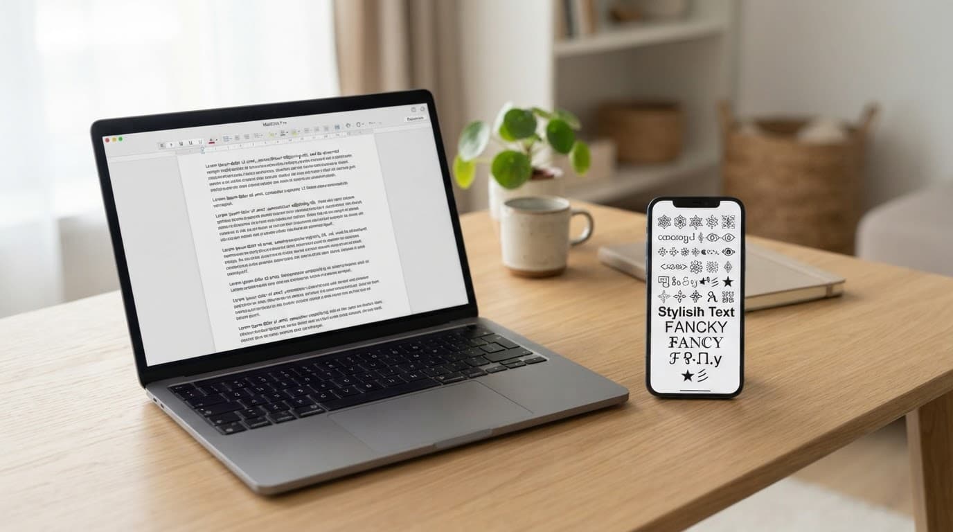 A smartphone with decorative characters beside a laptop showing plain document text.