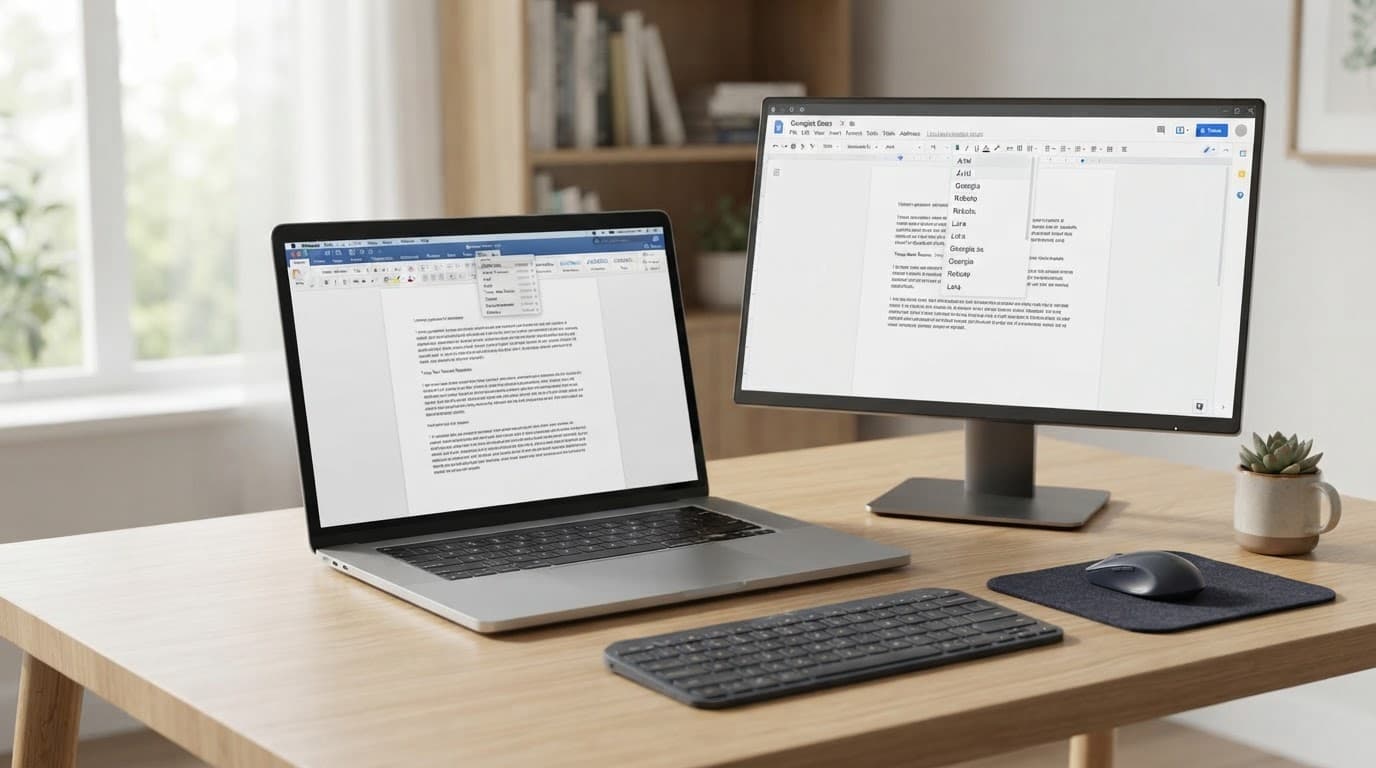 Laptop and monitor showing document editors with visible font menus.