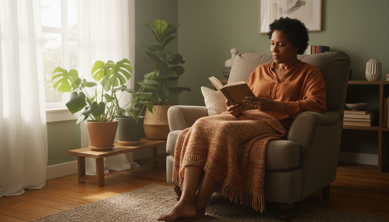 A serene mature Black woman around 55 years old with warm skin tone sits in a cozy living room armchair, reading a book peacefully amid soft morning light from a large window with sheer curtains and potted plants.