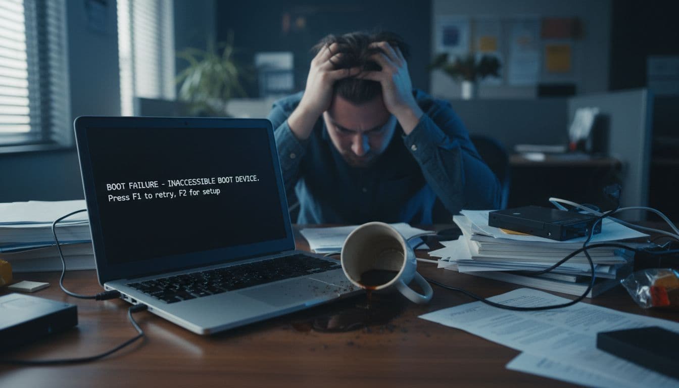 A frustrated person sits at a cluttered desk with a Windows laptop displaying a black screen and boot failure error message, spilled coffee mug nearby, in a dimly lit office with blue screen glow and blurred background.