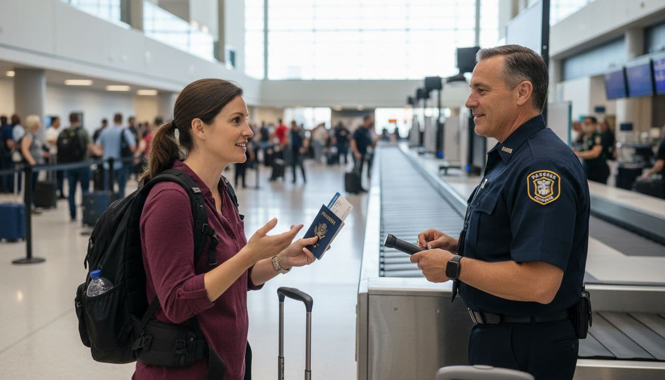 A traveler politely converses with a TSA agent at a manual ID check lane in a busy US airport security checkpoint, holding a passport with no facial recognition kiosk nearby. Modern airport terminal background features blurred travelers under natural daylight in realistic style.
