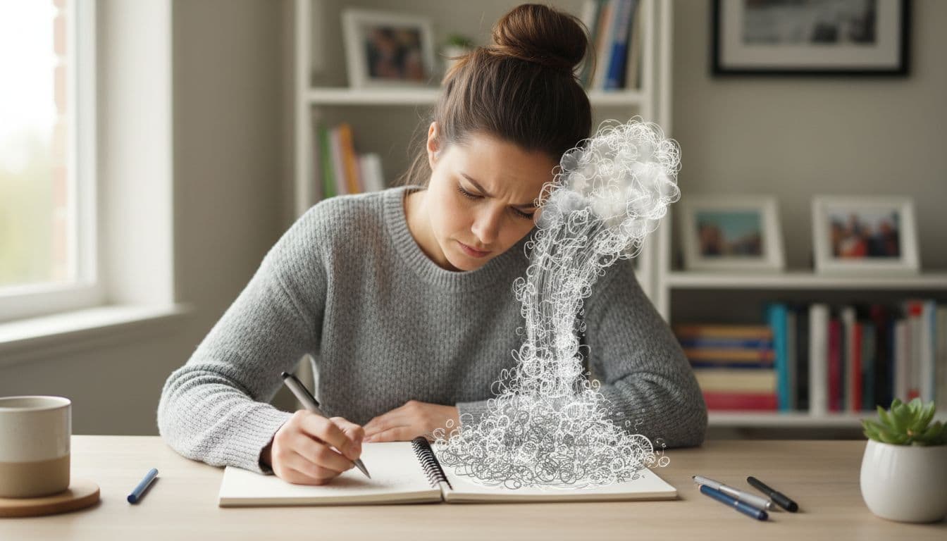 A focused woman with ADHD traits at a clean home office desk, pouring thoughts from her head onto a notepad in a brain dump exercise, soft natural light, realistic style.
