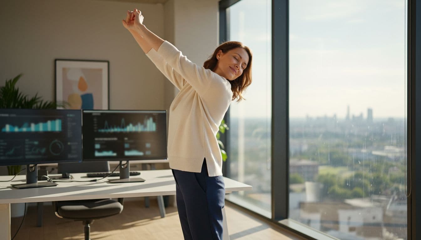 A relaxed woman in her 30s stands up from a desk, stretching her arms and neck while walking away from computer screens towards a window with a view in a simple office setting. Side profile composition captures relief on her face in soft afternoon light, realistic photo style with exactly one person.