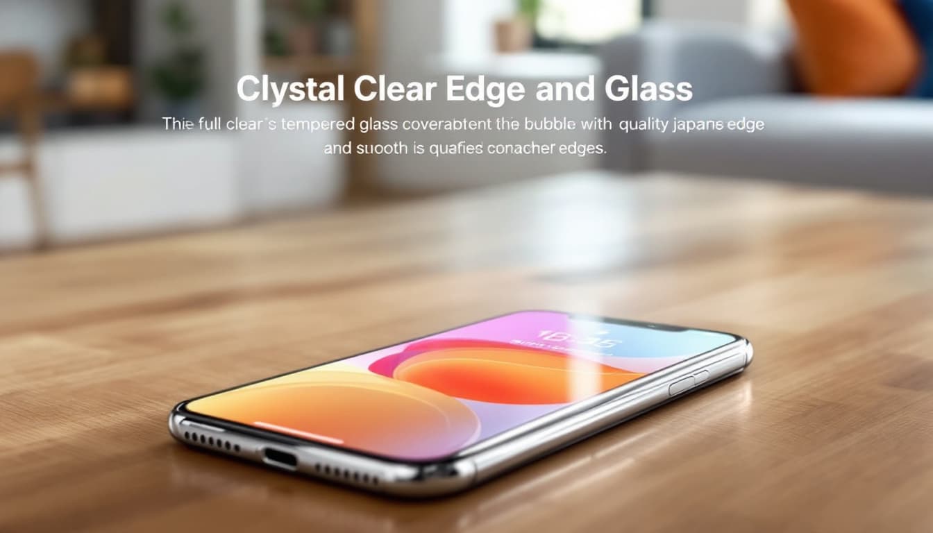 Close-up of an iPhone 16 Pro with a crystal-clear tempered glass screen protector showing full coverage and rounded edges on a wooden table in a bright living room. Image created with AI.
