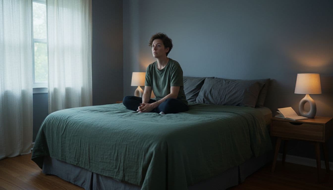A single person sits up thoughtfully in a queen bed in a cozy West Bloomfield Michigan bedroom at 3 AM, illuminated by soft moonlight through sheer curtains and a warm amber bedside lamp glow.