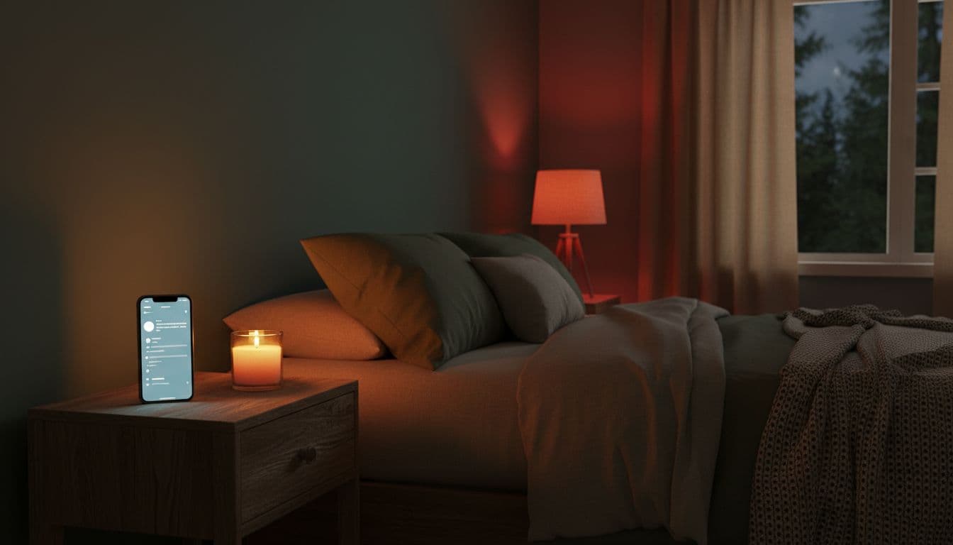 Softly lit minimalist bedroom at night with bedside phone screen glowing blue, contrasted by warm candlelight and red-hued lamp on wooden nightstand. Emphasizes transition from bright screen to cozy dim light in forest greens and ambers, no people.