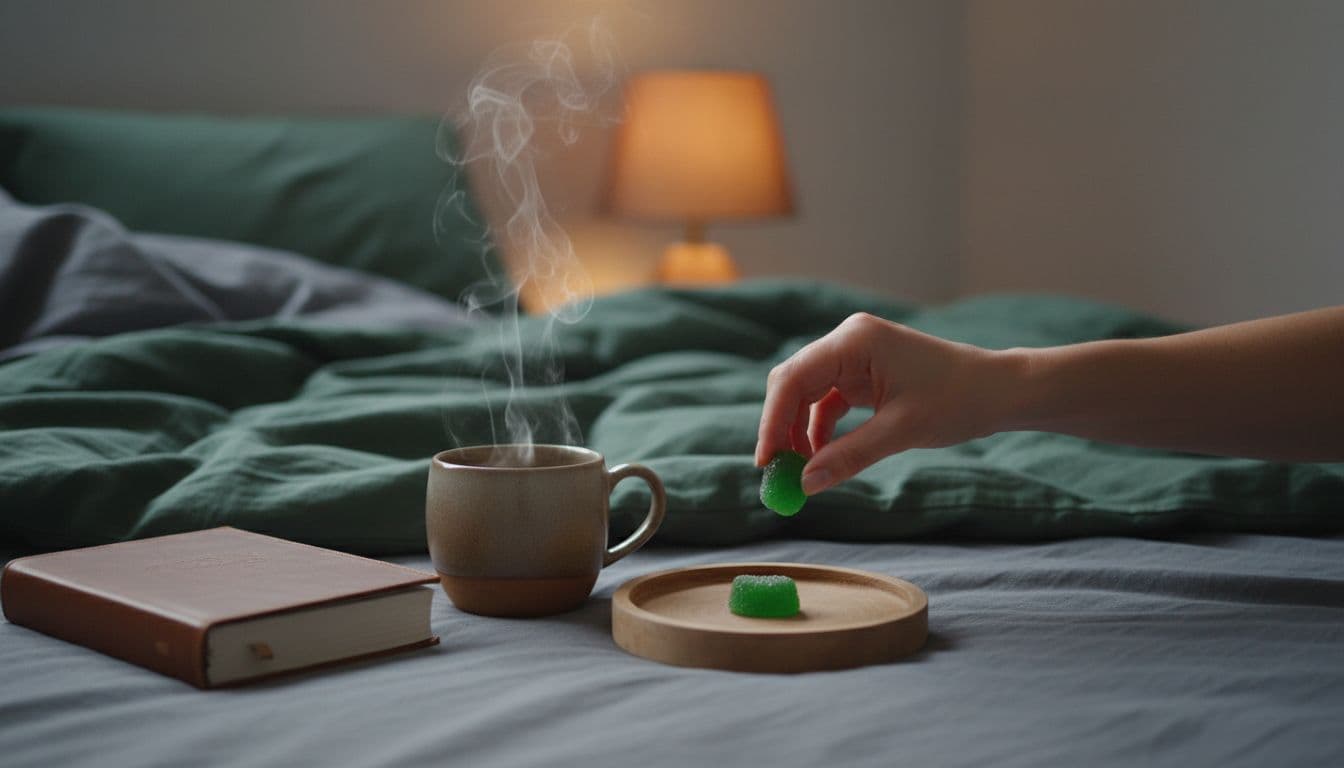 Hand places gummy on wooden tray next to book and herbal tea, dim lamp light, bed sheets in background.