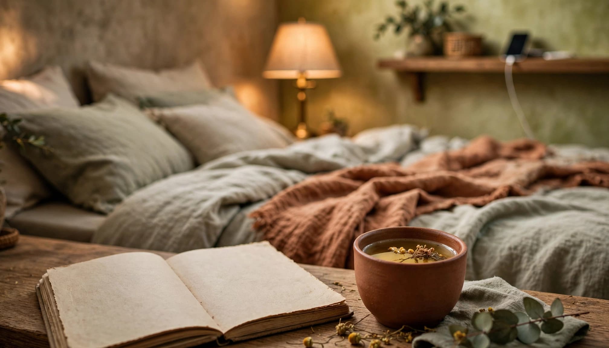 A cozy bedroom with a journal and a cup of tea on a wooden table, with a bed and lamp in the background.