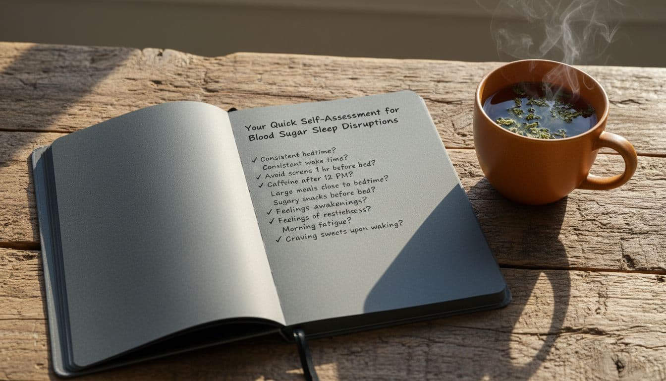 Blood sugar sleep journal checklist beside herbal tea in morning light, Calmly Rooted West Bloomfield MI.