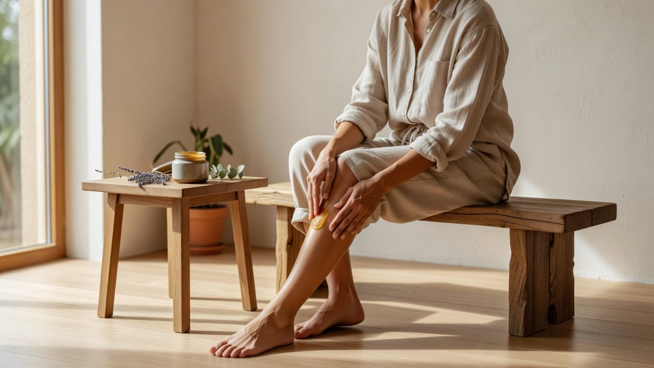 A person applies cream to their leg while sitting on a clean wooden bench in a sunlit home.