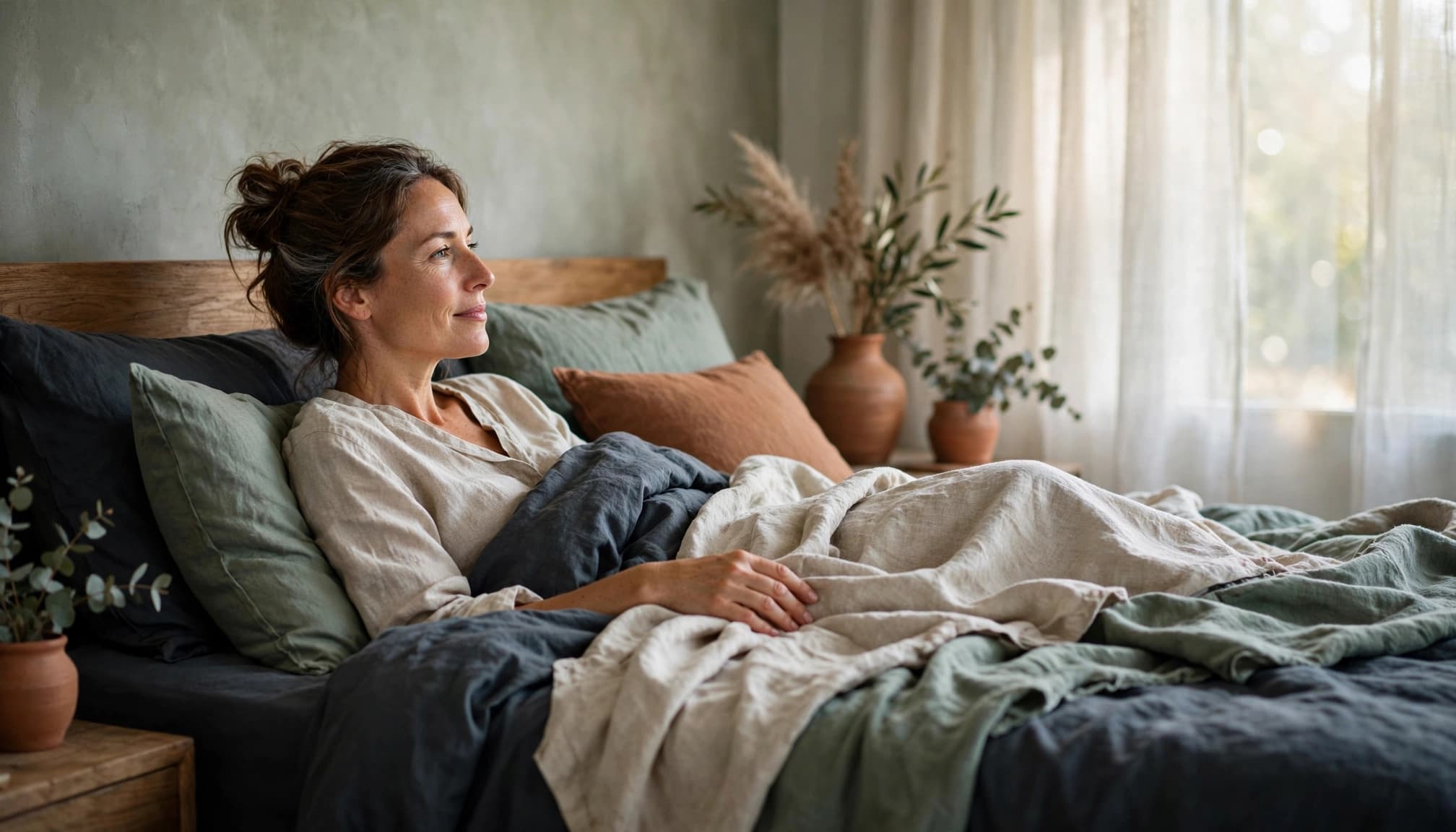 An adult rests beside a tidy bed in soft morning light.