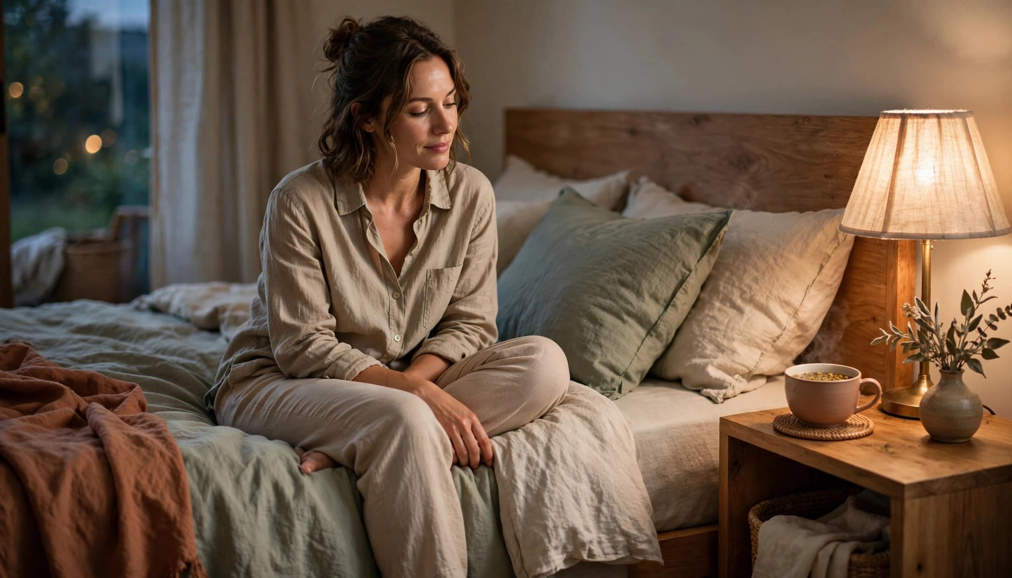 A woman relaxes on a bed with a cup of tea on the bedside table.