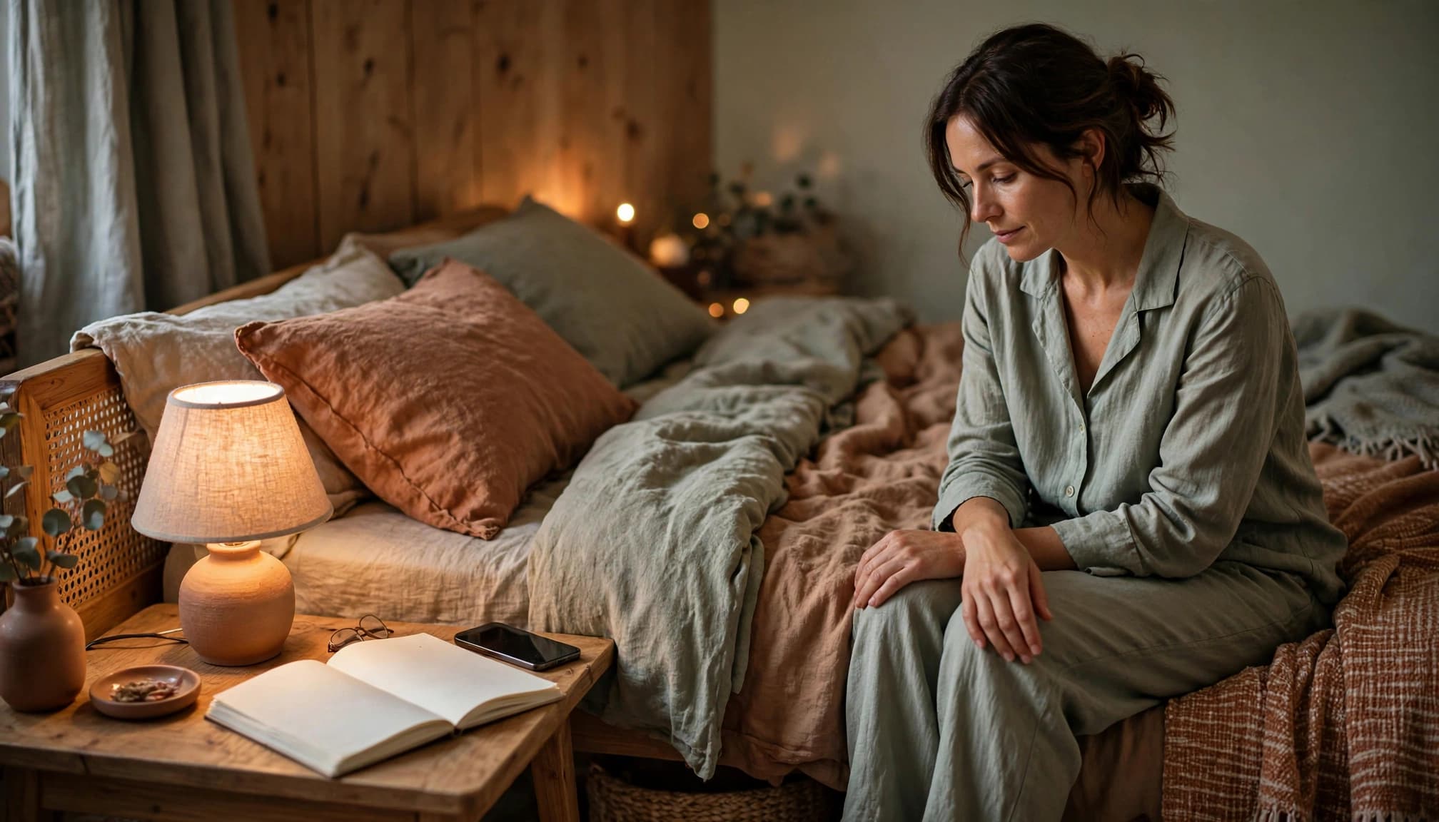 A woman in green pajamas sits on a bed next to a nightstand with a lamp and open journal.
