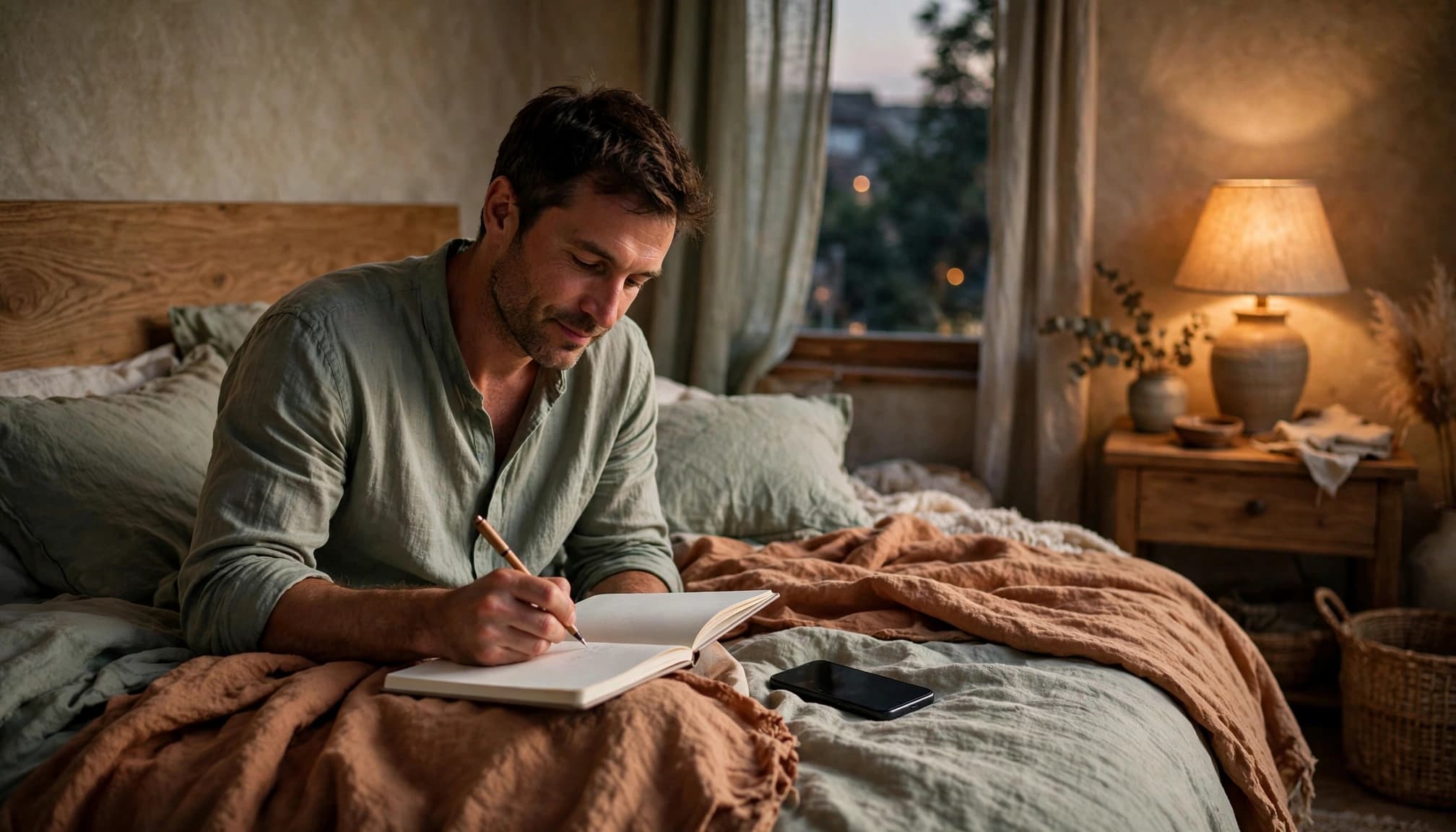 A man sits on a bed at dusk, writing in an open notebook with a smartphone resting beside him.