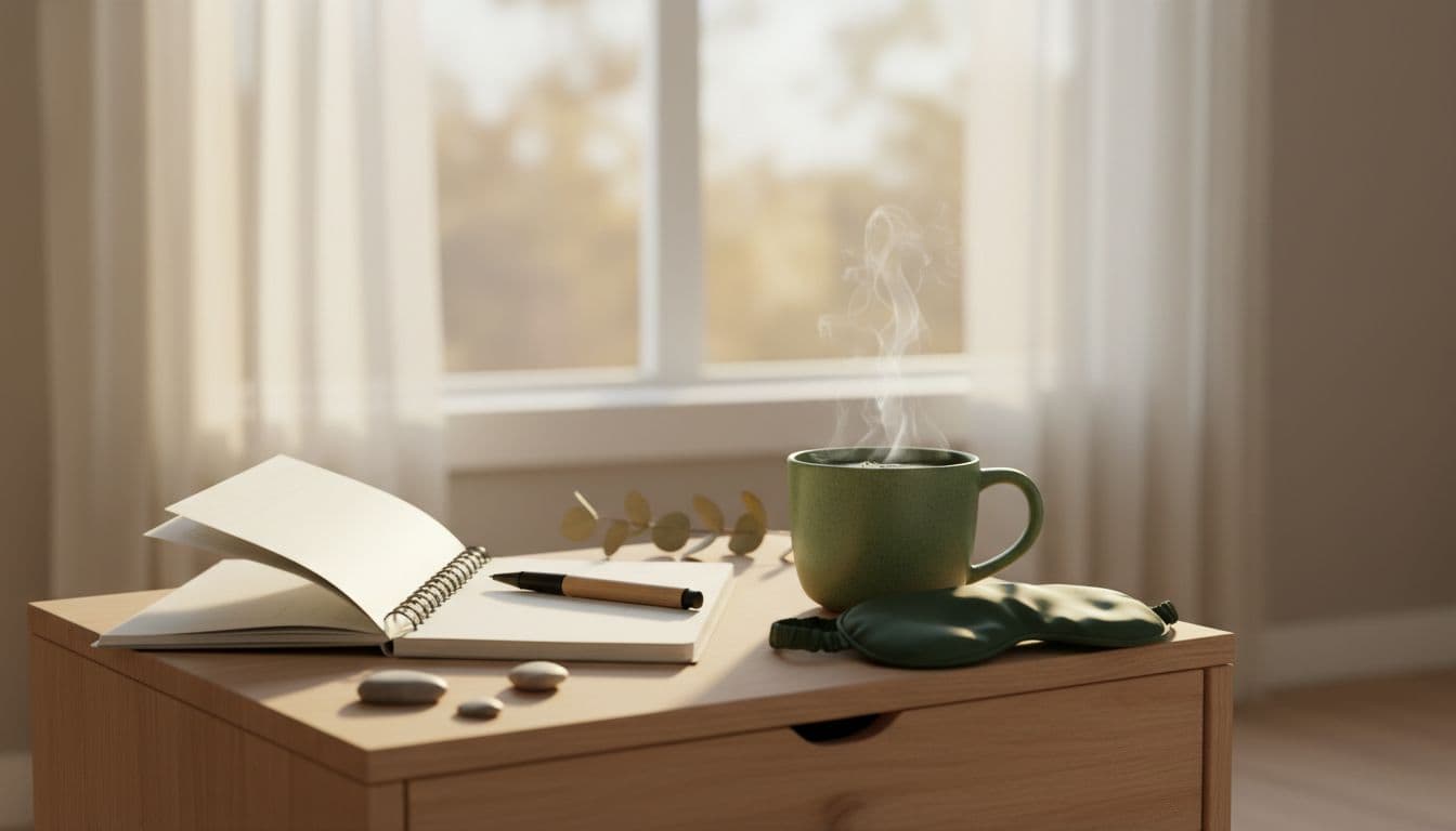 Open notebook with pen beside herbal tea and sleep mask on a wooden surface, bathed in soft evening light filtering through a window, featuring minimalist composition with earthy forest greens and warm wood tones evoking a West Bloomfield MI home.