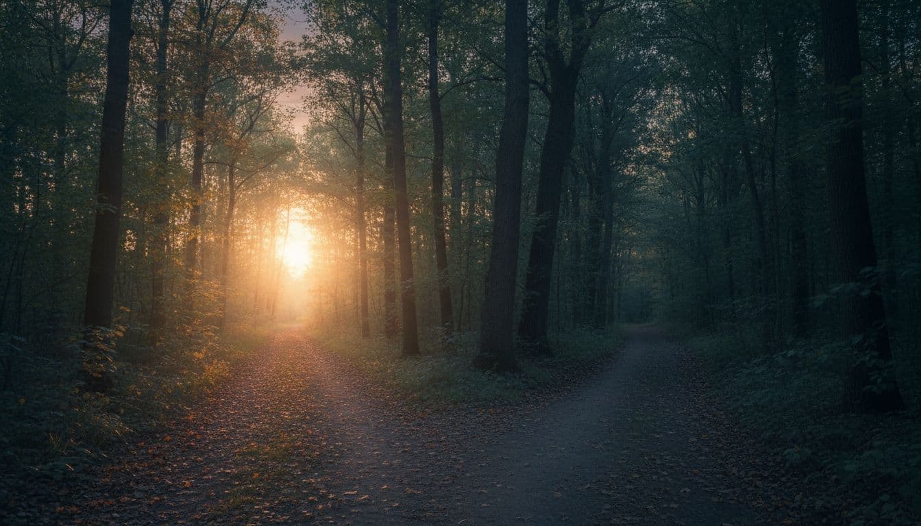 Split path in serene Michigan forest: left to sunlit clearing for quick sleep (CBD), right to shaded grove for deep sleep (CBN), minimalist realistic photo.